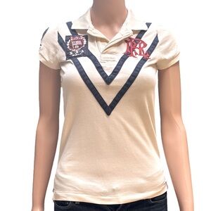 Rugby Ralph Lauren White and Blue Polo Fitted Cotton T-Shirt Small